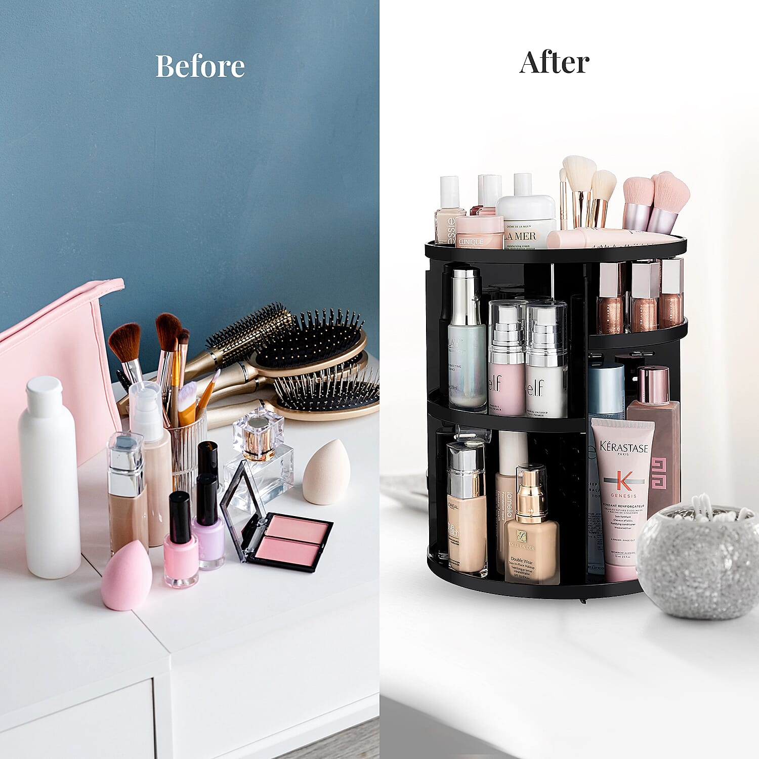 Black 360 Degree Rotating Adjustable Multi-function Makeup Organizer with Brush Holder