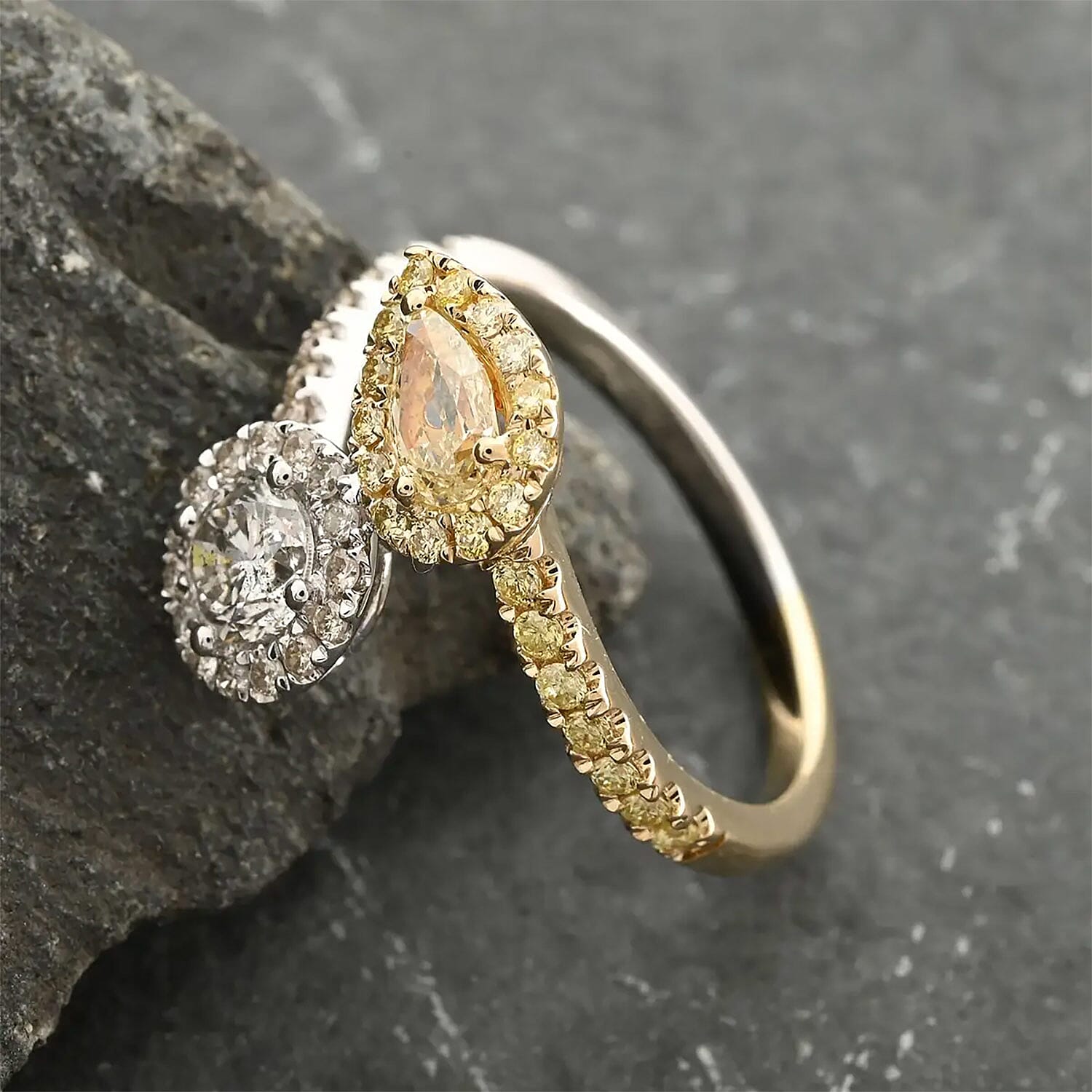 Modani 14K Yellow, White Gold Natural Yellow and White Diamond Bypass Halo Ring 1.30 ctw
