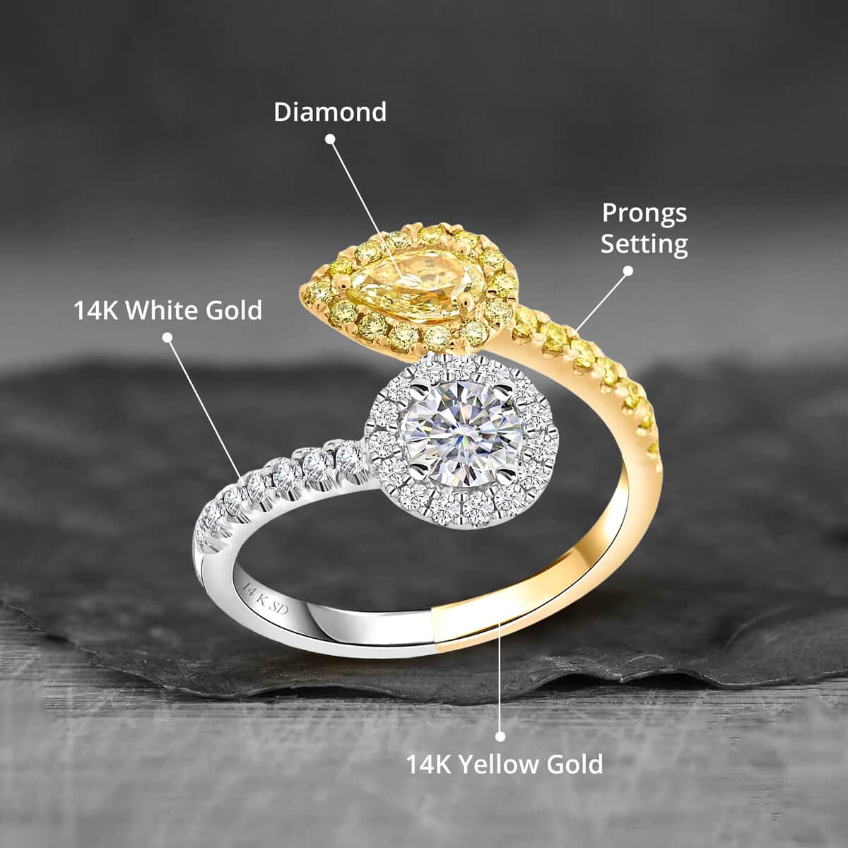 Modani Natural Yellow and White Diamond 1.30 ctw Bypass Halo Ring in 14K Yellow, White Gold (Size 9.0) image number 4