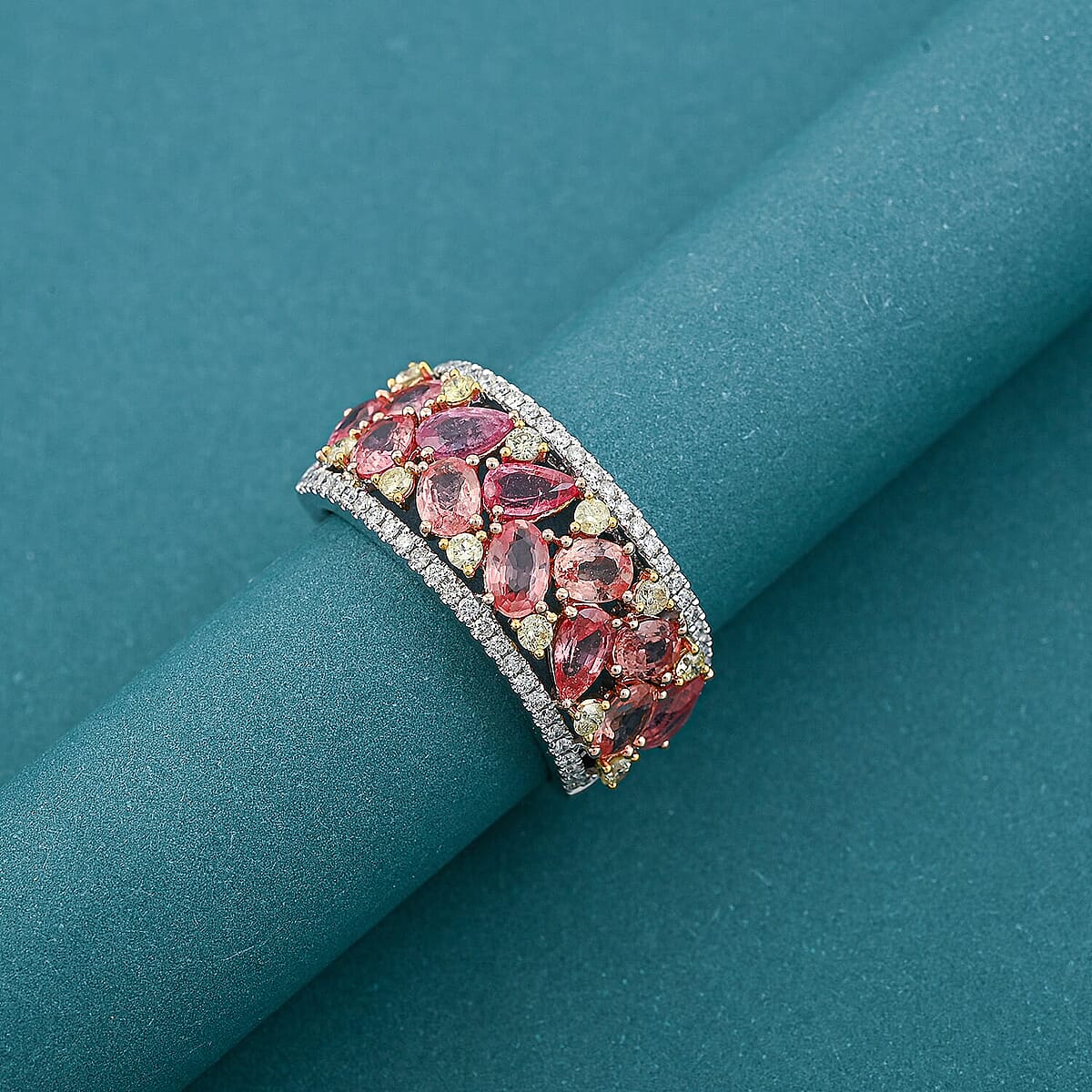 Modani 14K Yellow, White Gold Padparadscha Sapphire, I2-I3 Natural Yellow and White Diamond Ring 6 Grams 3.15 ctw image number 1