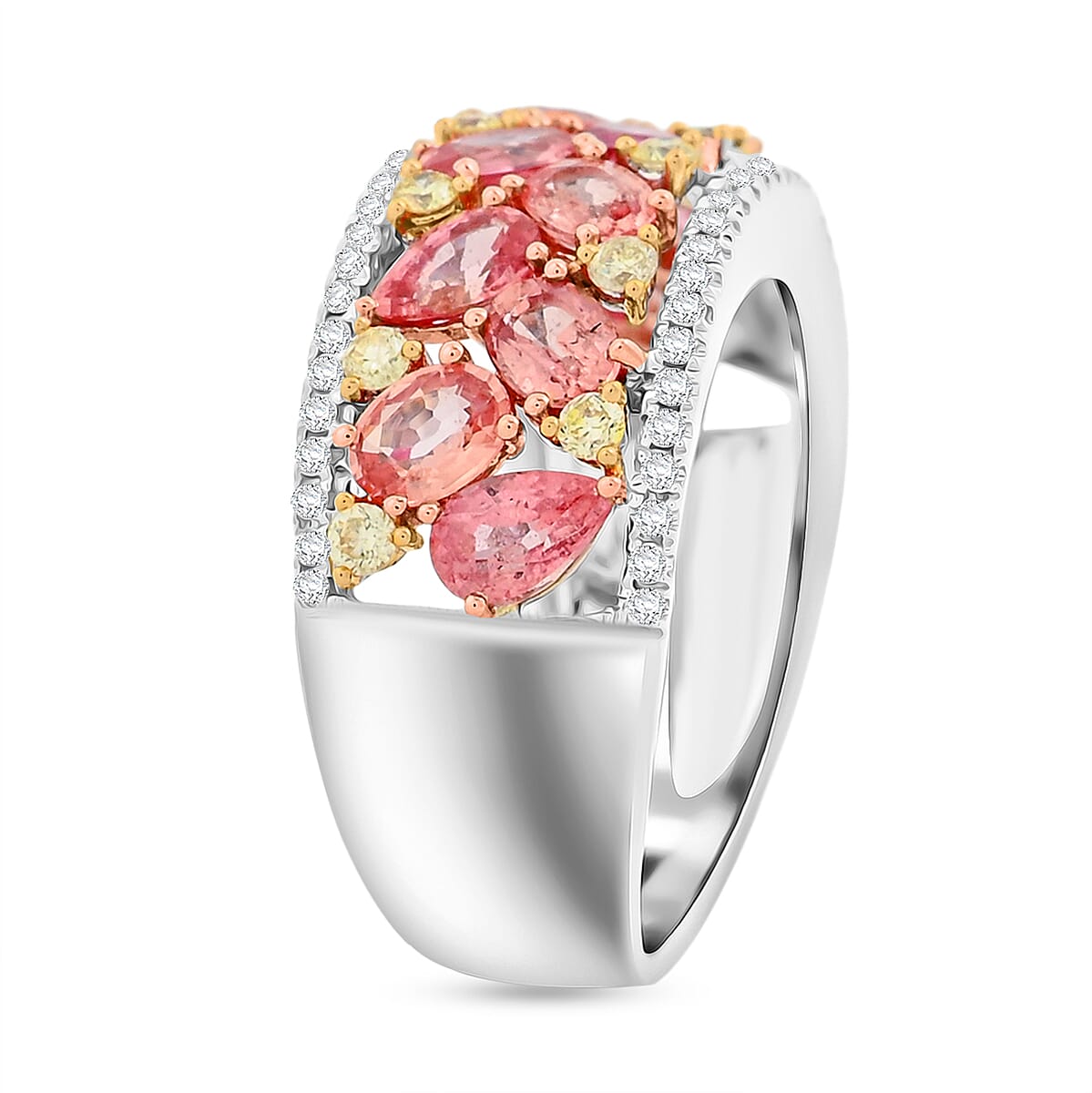 Modani 14K Yellow, White Gold Padparadscha Sapphire (BT), I2-I3 Natural Yellow and White Diamond Ring (Size 8.0) 6 Grams 3.15 ctw image number 3