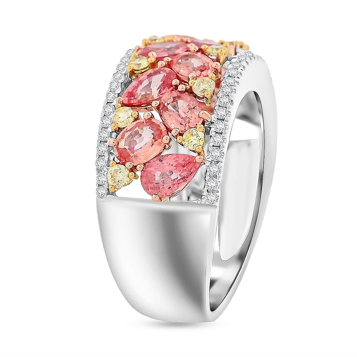 Modani 14K Yellow, White Gold Padparadscha Sapphire, I2-I3 Natural Yellow and White Diamond Ring 6 Grams 3.15 ctw image number 3