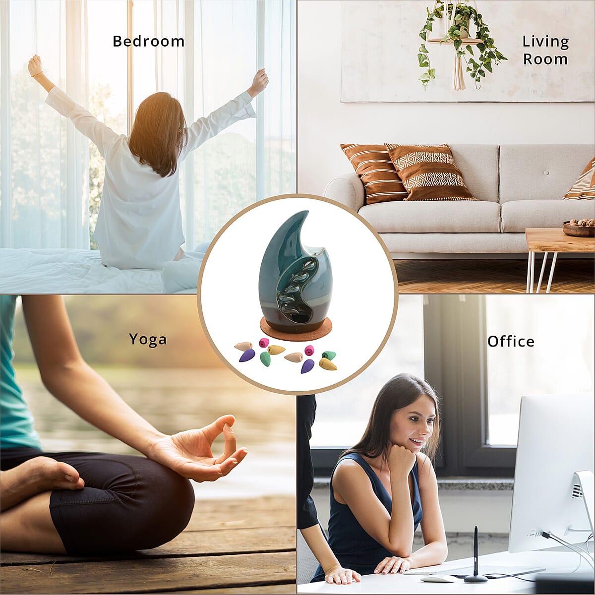 Total Vision Cascading Ceramic Incense Burner with 10 Assorted Cones -Cyan (5.5"x8.7") image number 2