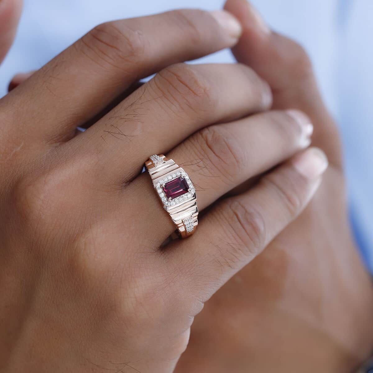 Tanzanian Wine Garnet and Moissanite Men's Ring in Vermeil Rose Gold Over Sterling Silver (Size 10.0) 1.85 ctw image number 2