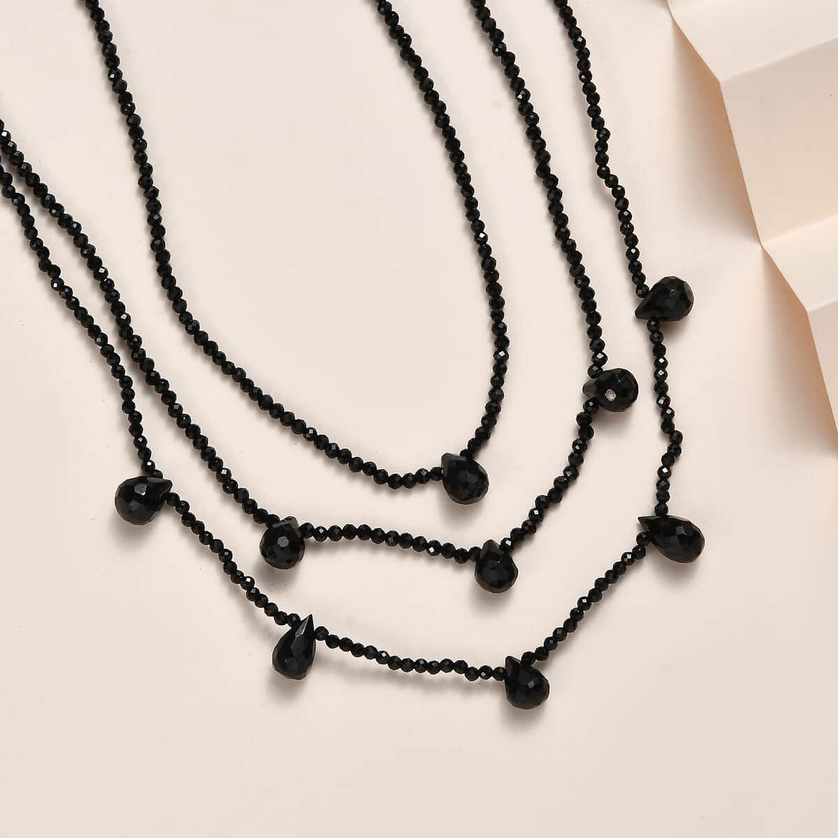 Thai Black Spinel 85.00 ctw Beaded 3 Layered Necklace in Rhodium Over Sterling Silver 18-20 Inches image number 1