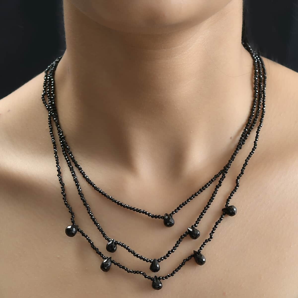 Thai Black Spinel 85.00 ctw Beaded 3 Layered Necklace in Rhodium Over Sterling Silver 18-20 Inches image number 2