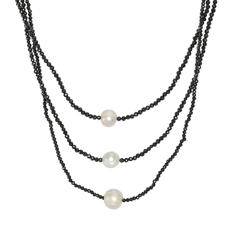 Freshwater Pearl and Thai Black Spinel 65.00 ctw 3 Layered Necklace in Rhodium Over Sterling Silver 20 Inches