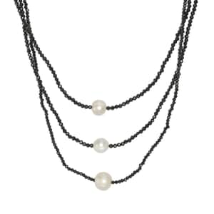 Freshwater Pearl and Thai Black Spinel 3 Layered Necklace 20 Inches in Rhodium Over Sterling Silver 65.00 ctw