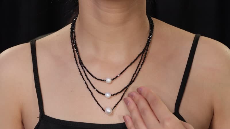 Freshwater Pearl and Thai Black Spinel 65.00 ctw 3 Layered Necklace in Rhodium Over Sterling Silver 20 Inches