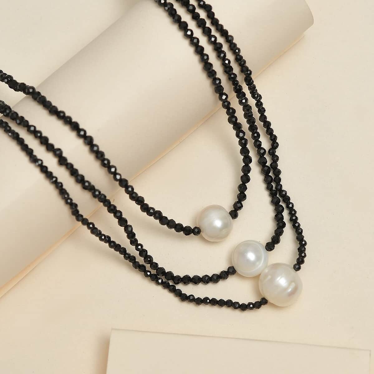 Freshwater Pearl and Thai Black Spinel 3 Layered Necklace 20 Inches in Rhodium Over Sterling Silver 65.00 ctw image number 1