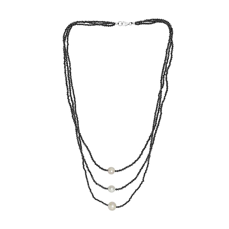 Freshwater Pearl and Thai Black Spinel 65.00 ctw 3 Layered Necklace in Rhodium Over Sterling Silver 20 Inches
