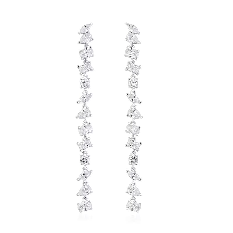 Lustro Stella Finest CZ Earrings in Rhodium Over Sterling Silver, Linear Dangle Earrings For Women, Gift For Her 13.00 ctw