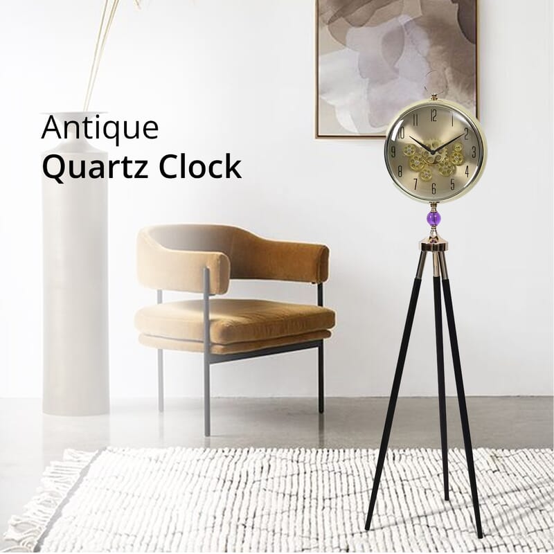 Golden Antique Grandfather Quartz Clock with Tripod Metal Stand