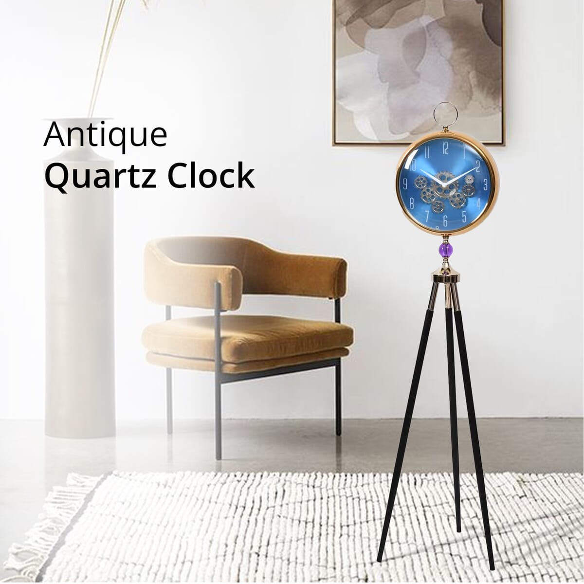 Blue Antique Grandfather Quartz Clock with Tripod Metal Stand image number 3