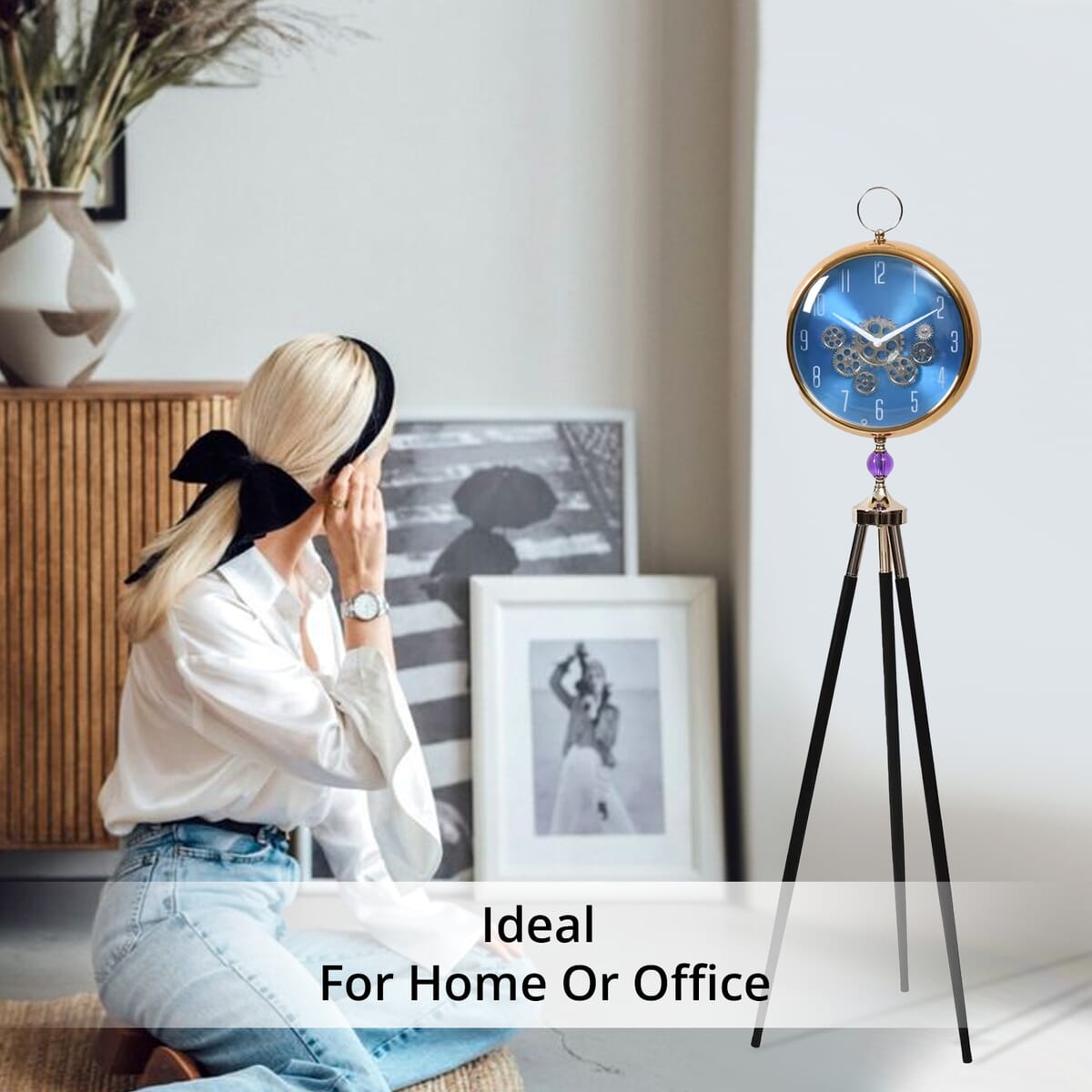Blue Antique Grandfather Quartz Clock with Tripod Metal Stand image number 4