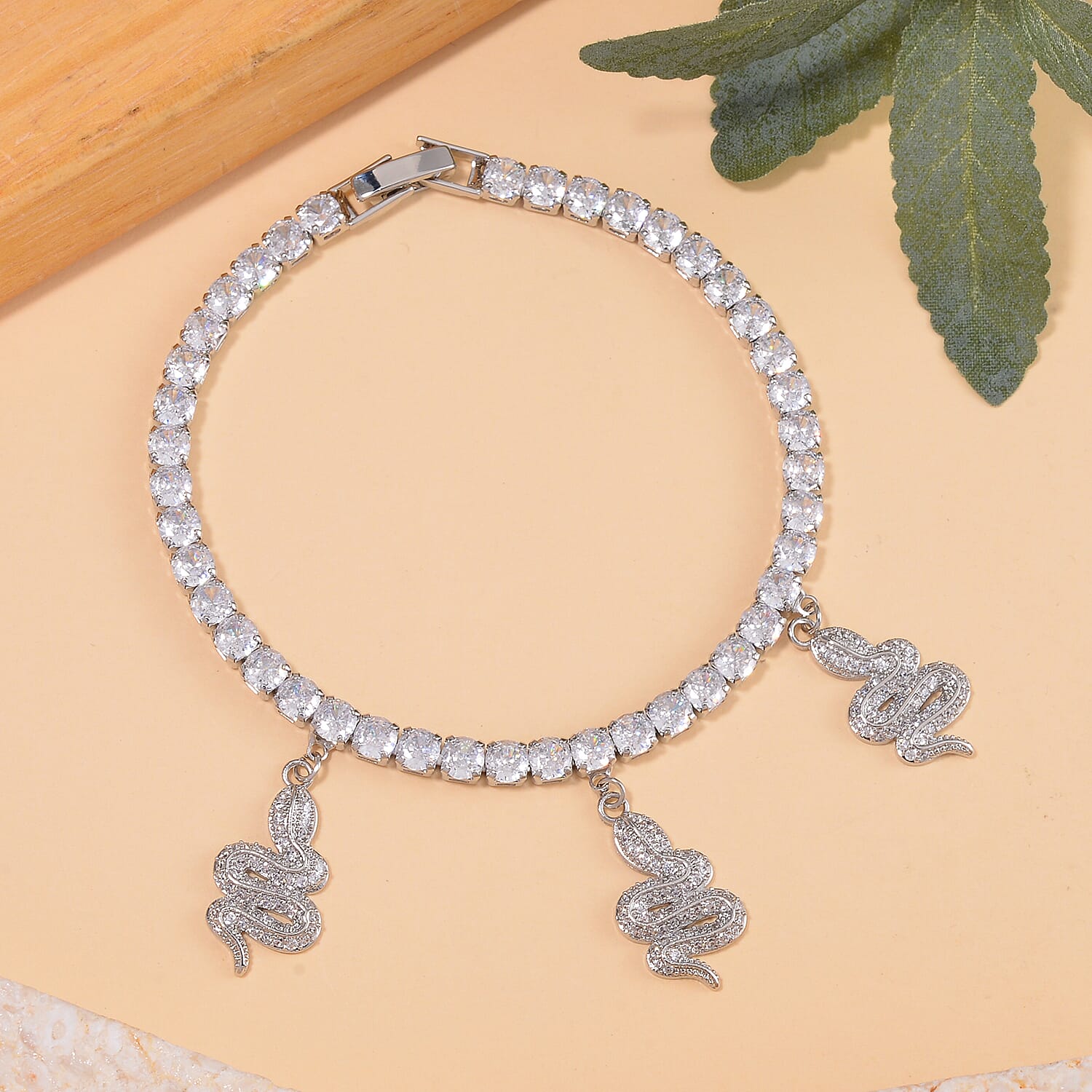 Simulated Diamond Snake Charm Bracelet in Silvertone (7.50 In) 5.00 ctw