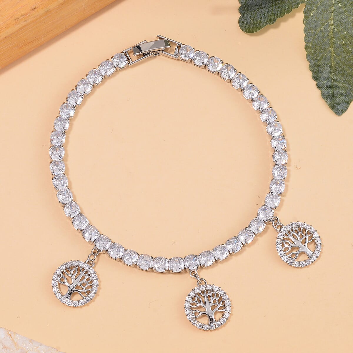 Simulated Diamond Tree of Life Charm Bracelet in Silvertone (7.50 In) 5.00 ctw image number 1