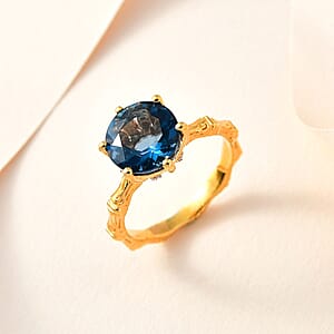 Dean Teal Fluorite (IR) and White Zircon Bamboo Shank Ring in Vermeil Yellow Gold Over Sterling Silver (Size 8.0) 4.25 ctw