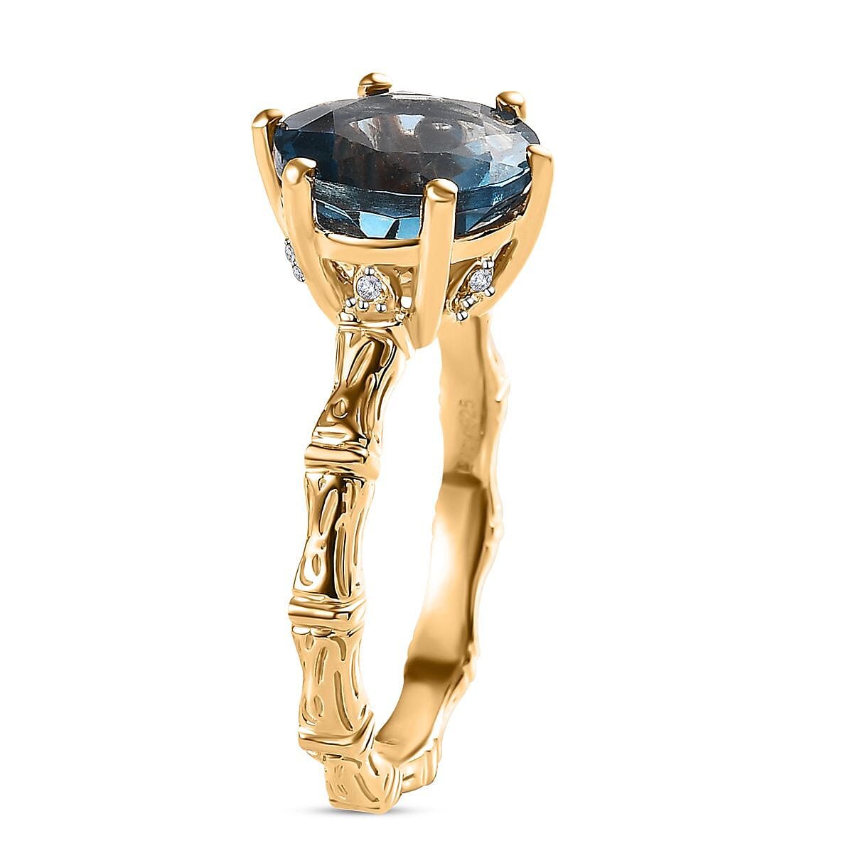 Dean Teal Fluorite (IR) and White Zircon Bamboo Shank Ring in Vermeil Yellow Gold Over Sterling Silver (Size 8.0) 4.25 ctw image number 3