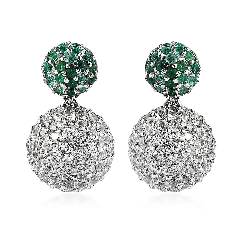 Premium Kagem Zambian Emerald and White Zircon 6.65 ctw Stud Earrings in Rhodium Over Sterling Silver