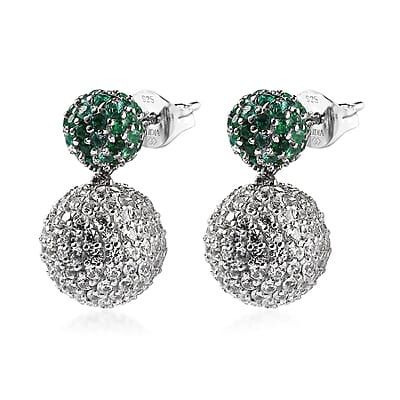 Premium Kagem Zambian Emerald and White Zircon 6.65 ctw Stud Earrings in Rhodium Over Sterling Silver