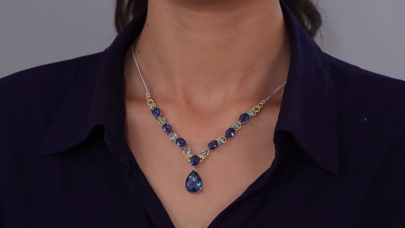 Dean Teal Fluorite (IR) and Betroka Blue Apatite 22.00 ctw Necklace in Vermeil Yellow Gold and Platinum Over Sterling Silver 18 Inches