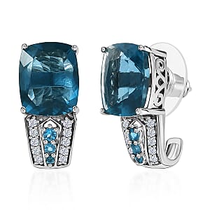 Dean Teal Fluorite (IR) and Multi Gemstone J-Hoop Earrings in Platinum Over Sterling Silver 10.15 ctw