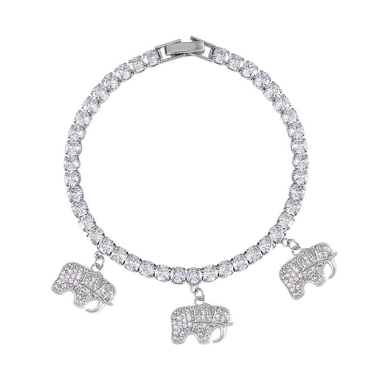 Simulated Diamond Elephant Charm Bracelet in Silvertone (7.50 In) 5.00 ctw