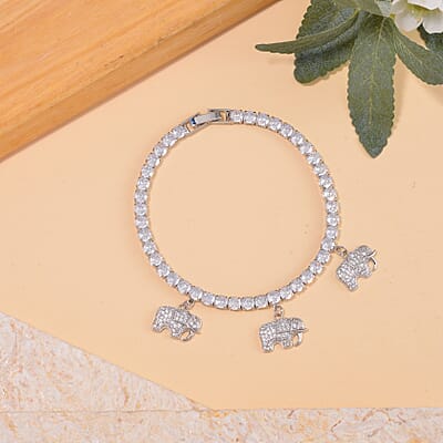 Simulated Diamond Elephant Charm Bracelet in Silvertone (7.50 In) 5.00 ctw