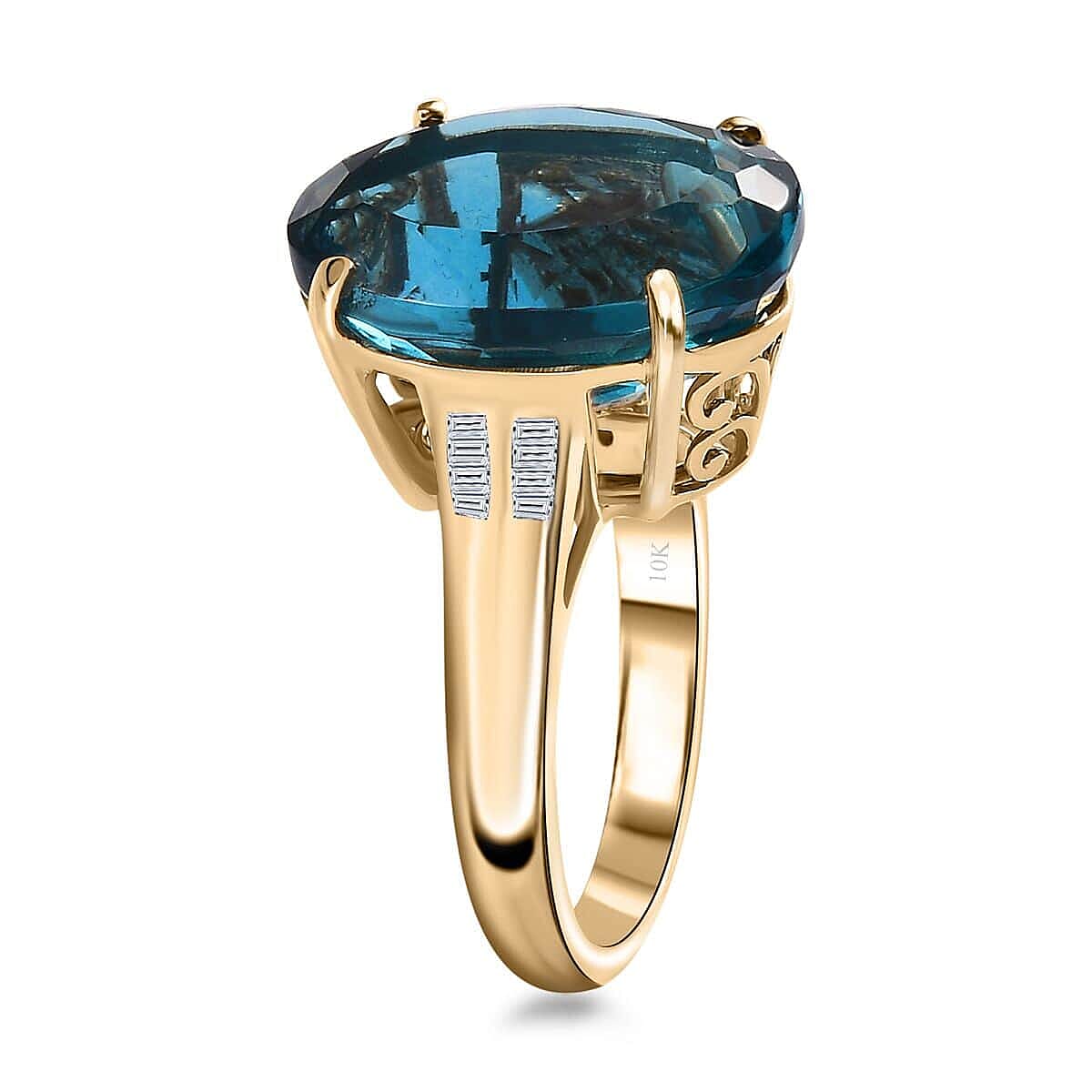 Luxoro 10K Yellow Gold Premium Dean Teal Fluorite (IR), Diamond Ring (Size 10.0) 12.40 ctw