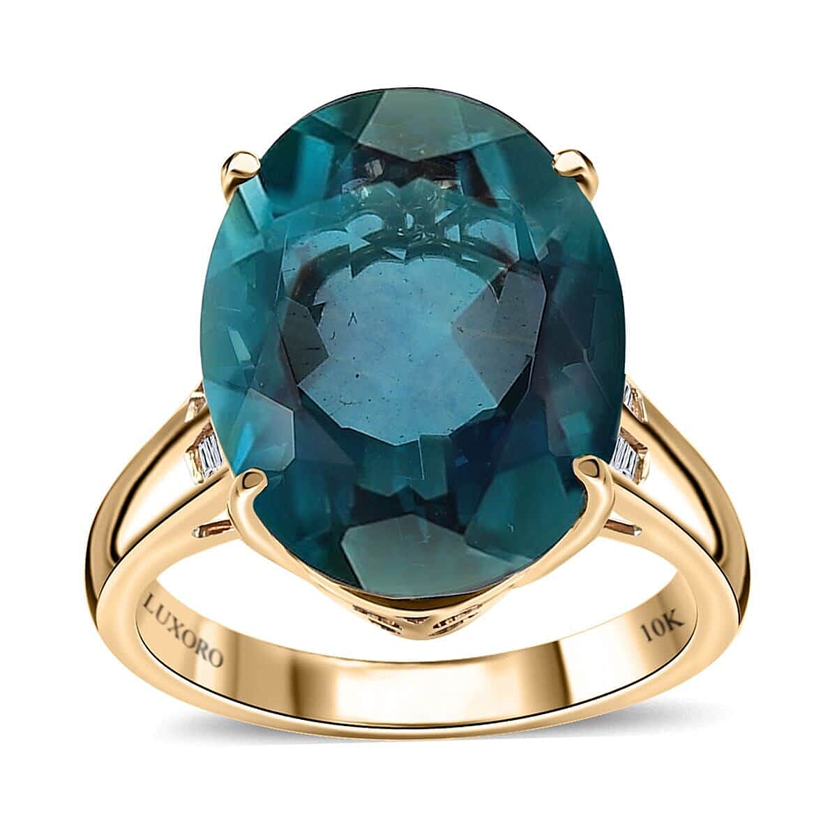 Luxoro 10K Yellow Gold Premium Teal Fluorite, Diamond Ring (Size 10.0) 11.00 ctw