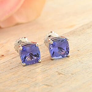 Certified & Appraised Rhapsody 950 Platinum AAAA Tanzanite Cushion Stud Earrings 2.10 ctw