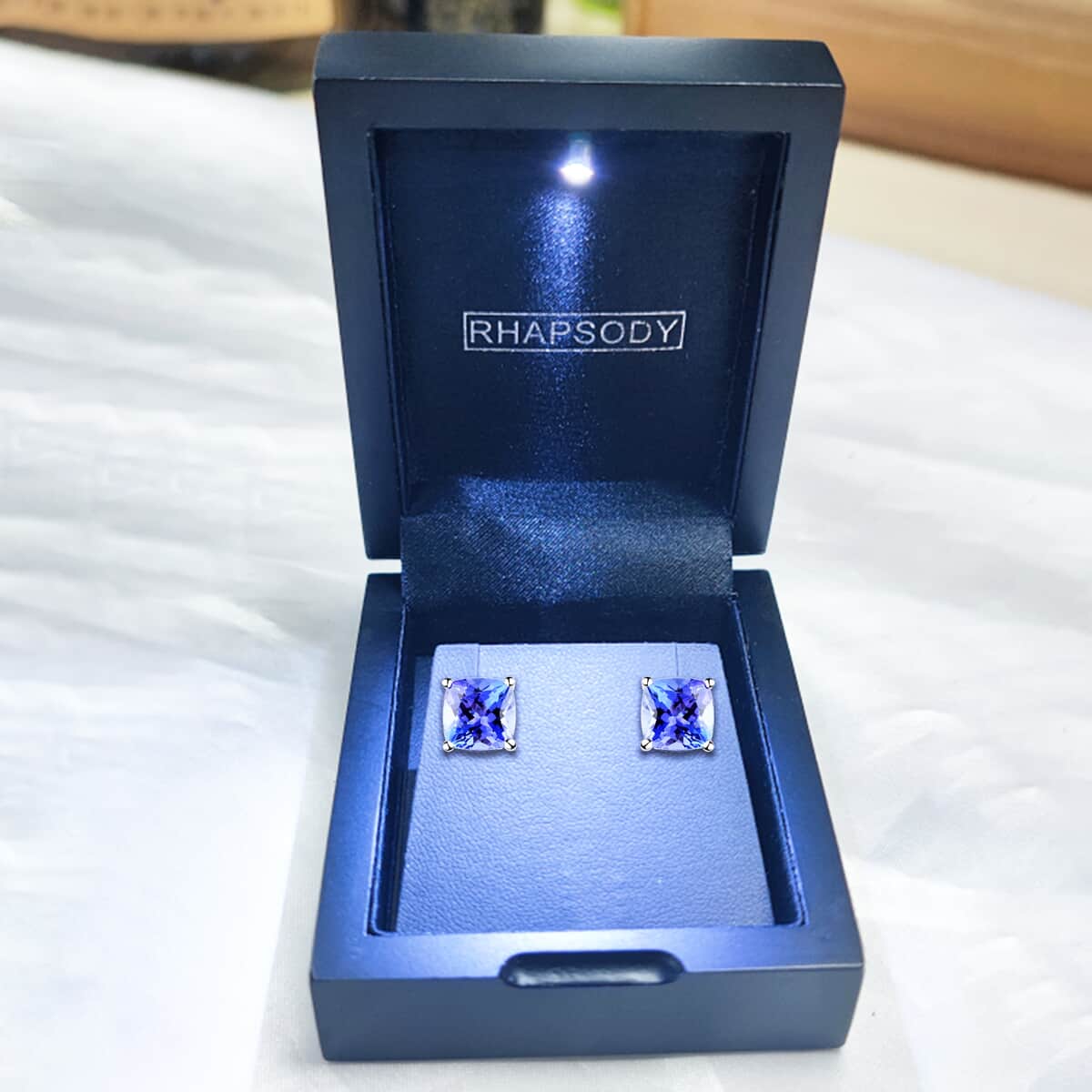 Doorbuster Certified & Appraised Rhapsody 950 Platinum AAAA Tanzanite Cushion Stud Earrings 2.30 ctw image number 7