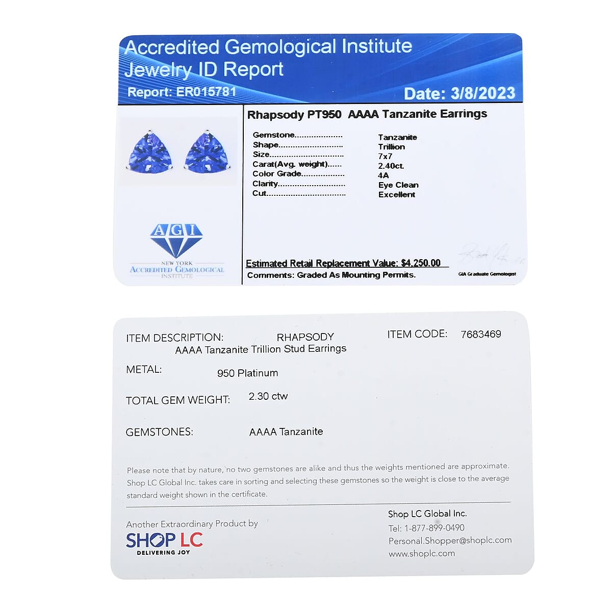 Certified & Appraised Rhapsody 950 Platinum AAAA Tanzanite Trillion Stud Earrings 2.40 ctw image number 5