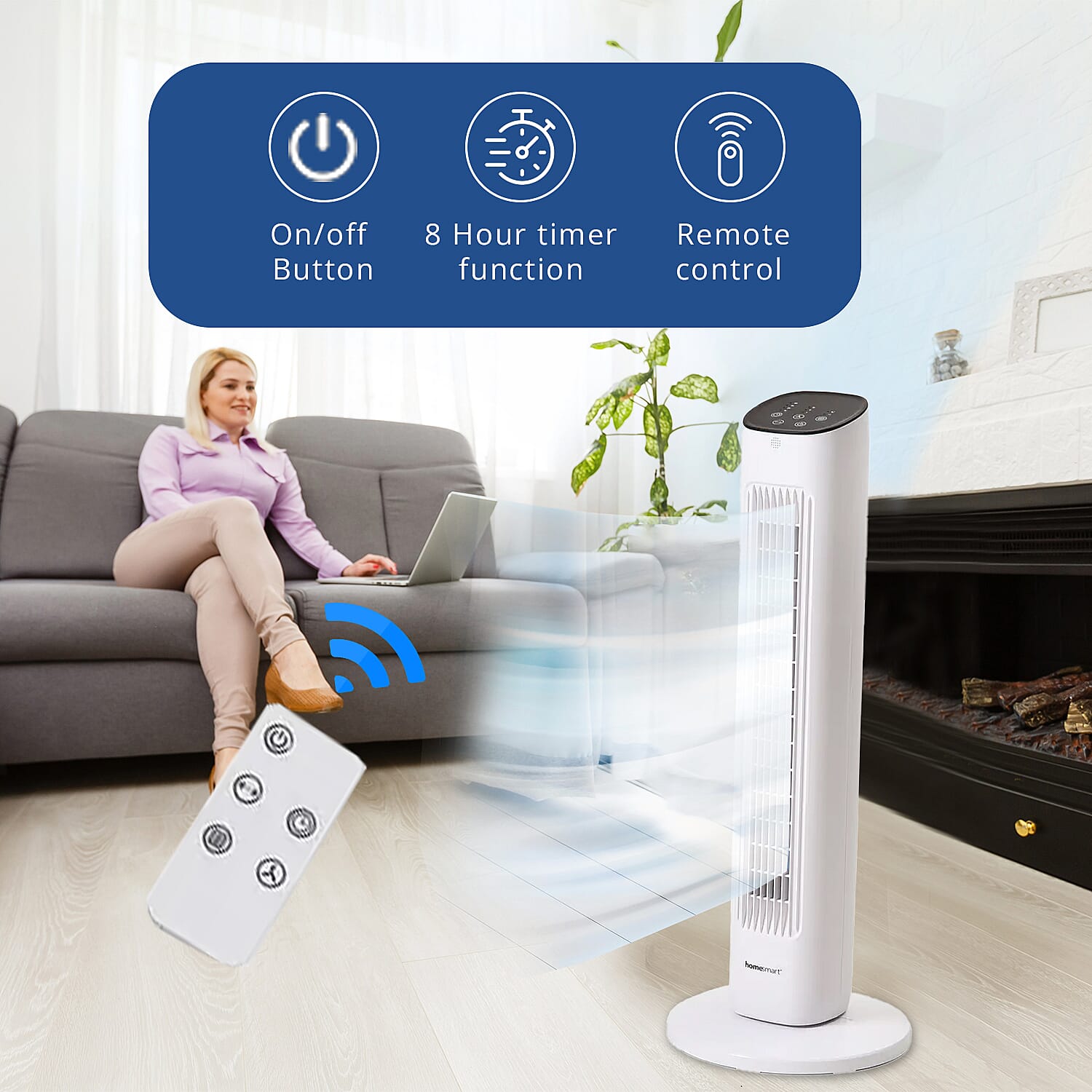 Homesmart Remote Control Tower Fan with Copper Motor in 2 Modes & 3 Speed - White