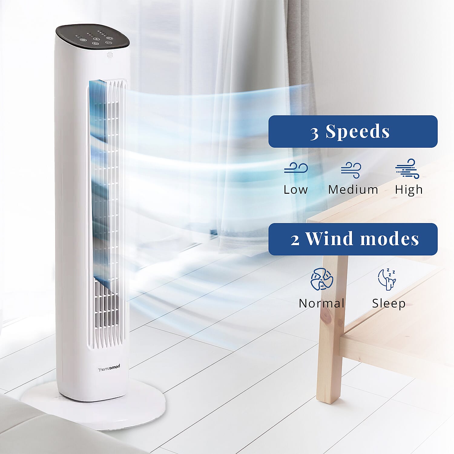 Homesmart Remote Control Tower Fan with Copper Motor in 2 Modes & 3 Speed - White