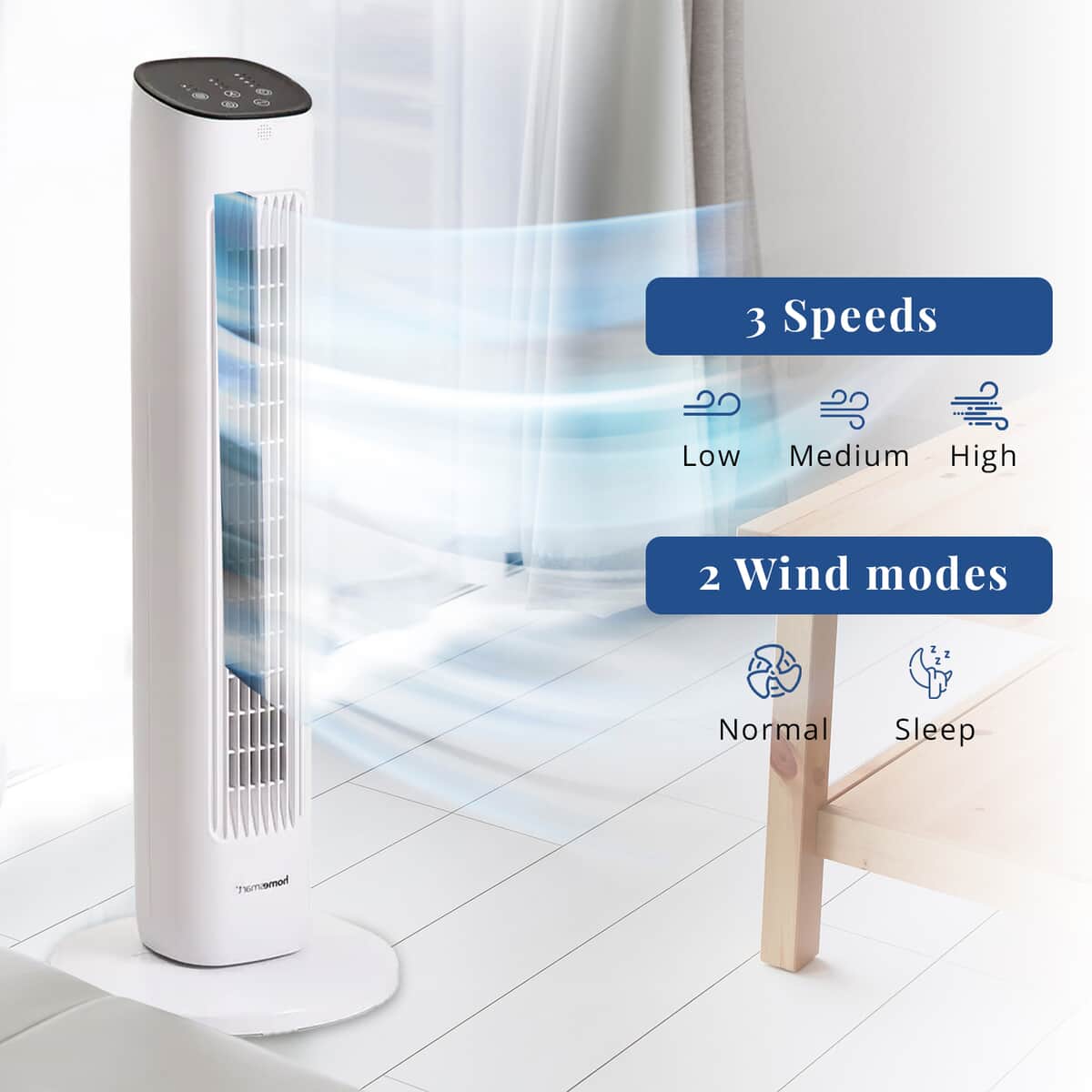 Remote Control Tower Fan with Copper Motor in 2 Modes & 3 Speed - White (11.8"x11.8"x30.7") image number 3