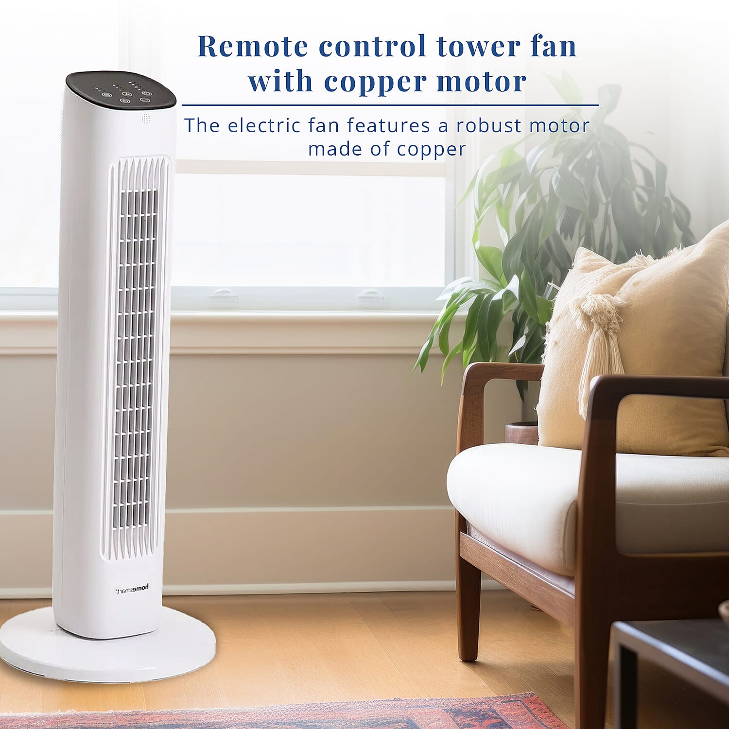 Homesmart Remote Control Tower Fan with Copper Motor in 2 Modes & 3 Speed - White