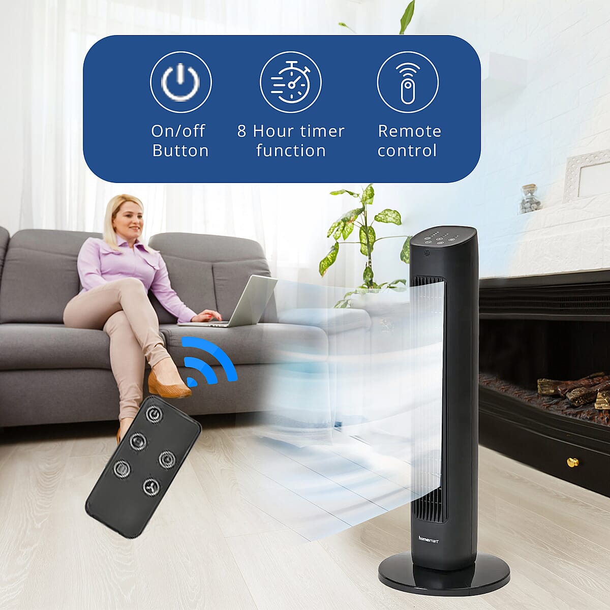 Homesmart Remote Control Tower Fan with Copper Motor in 2 Modes & 3 Speed - Black image number 2