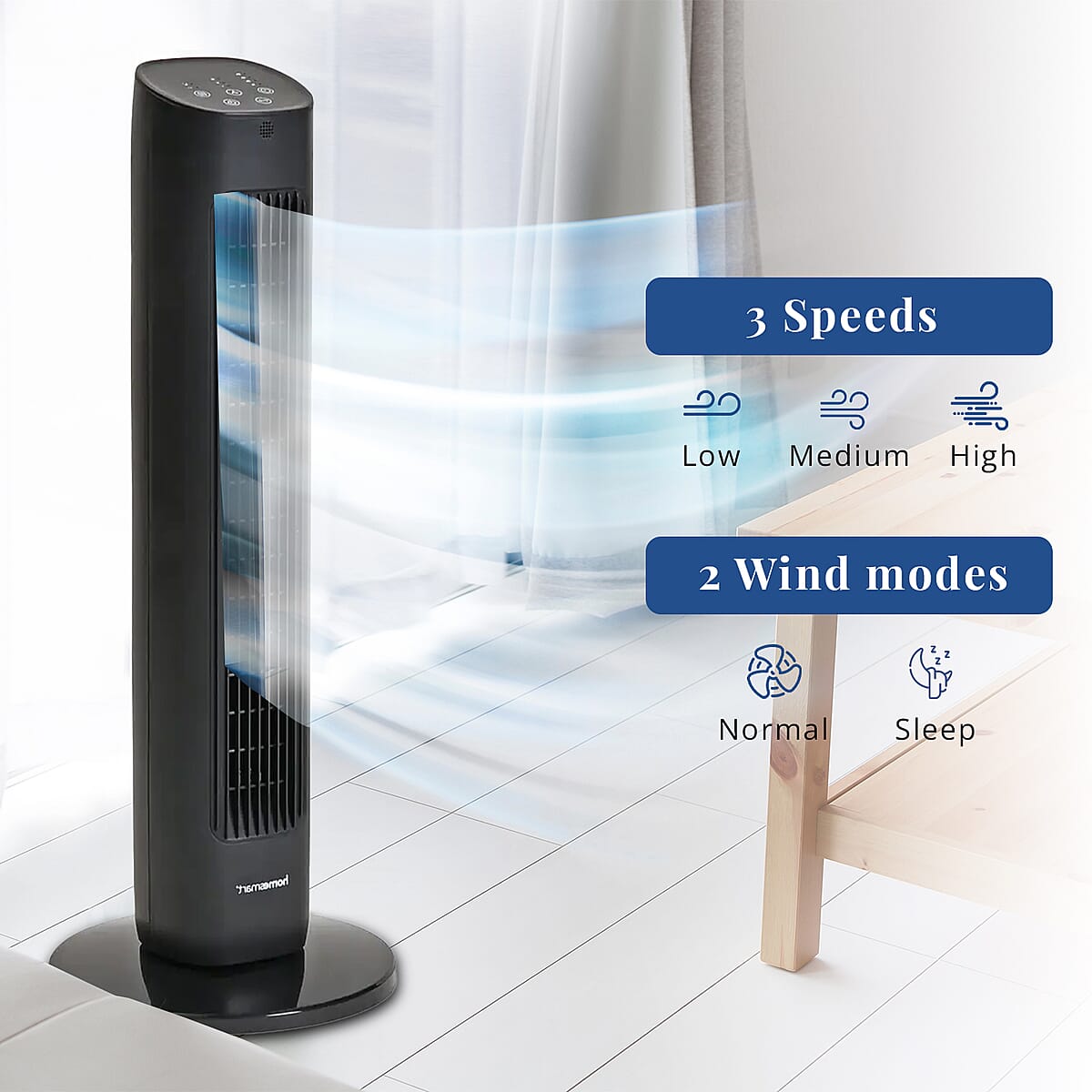 Homesmart Remote Control Tower Fan with Copper Motor in 2 Modes & 3 Speed - Black image number 3