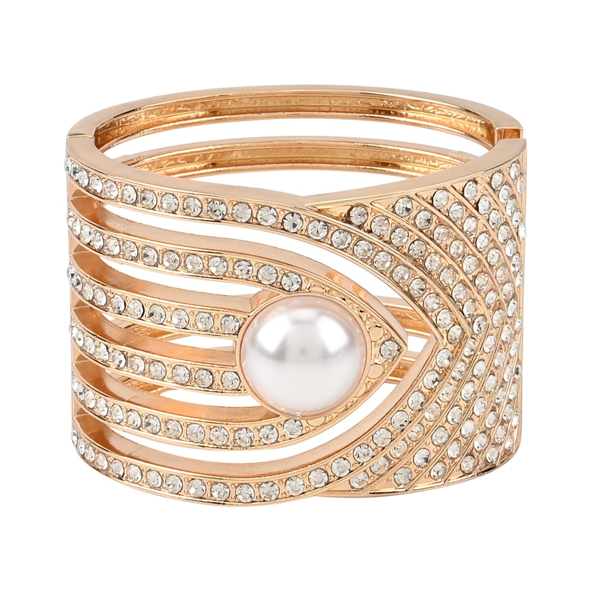 Simulated Pearl and White Austrian Crystal Bangle Bracelet in Goldtone (6.25 In) image number 0