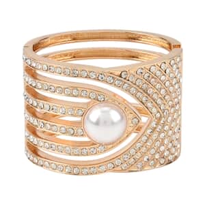 Simulated Pearl and White Austrian Crystal Bangle Bracelet in Goldtone (6.25 In)