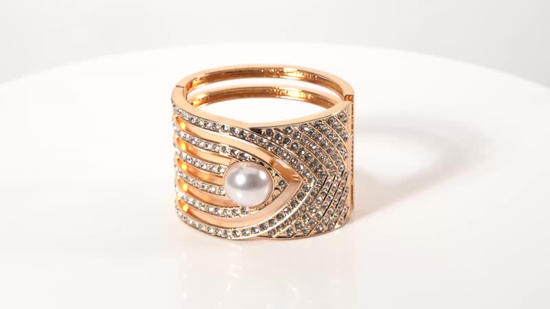 Simulated Pearl and White Austrian Crystal Bangle Bracelet in Goldtone (6.25 In)