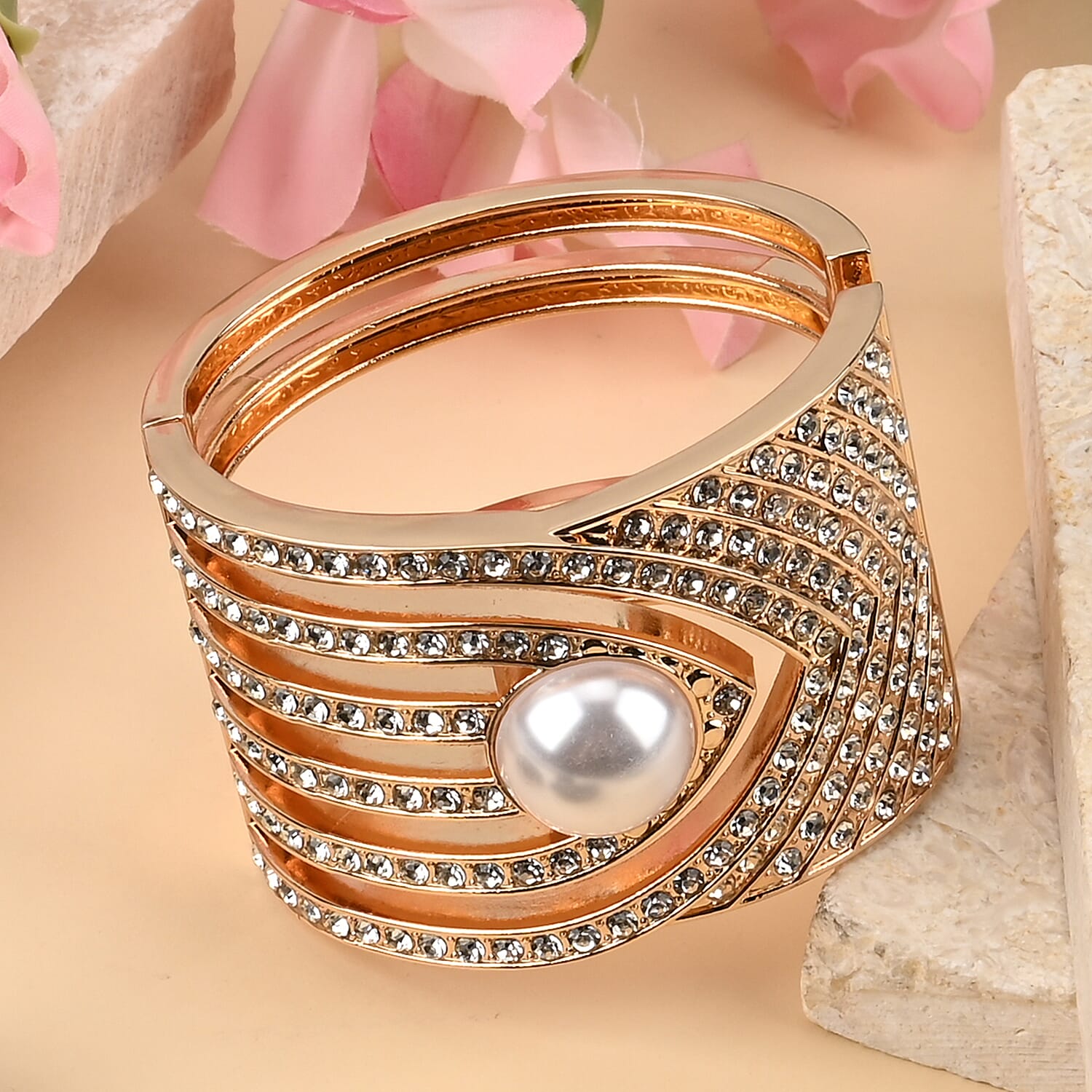 Simulated Pearl and White Austrian Crystal Bangle Bracelet in Goldtone (6.25 In)
