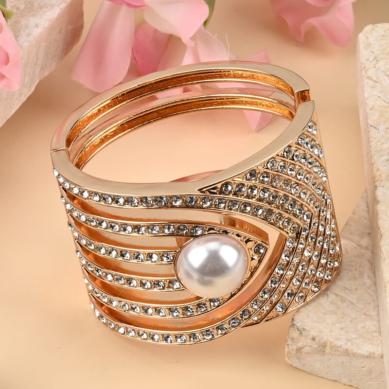 Simulated Pearl and White Austrian Crystal Bangle Bracelet in Goldtone (6.25 In)