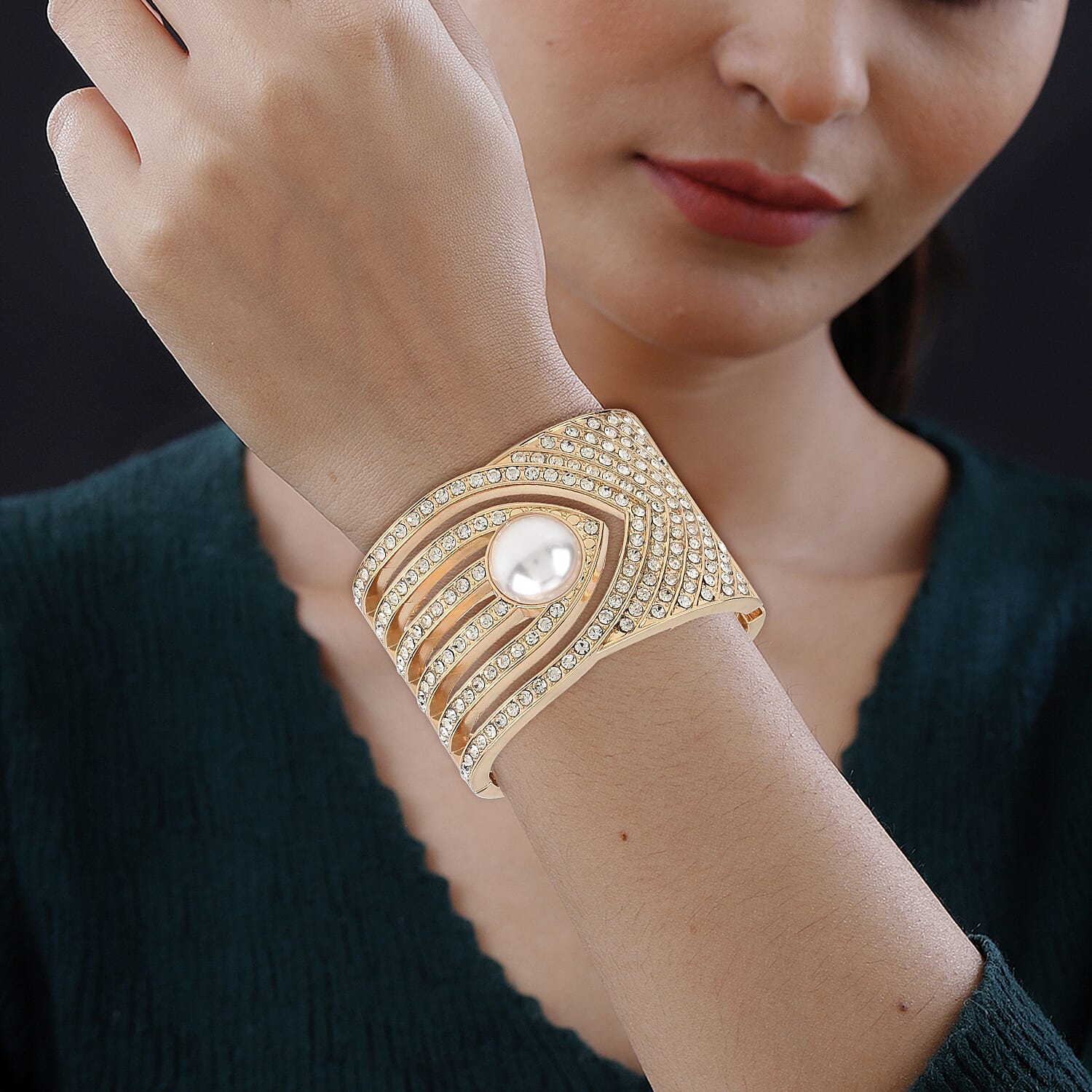 Simulated Pearl and White Austrian Crystal Bangle Bracelet in Goldtone (6.25 In)