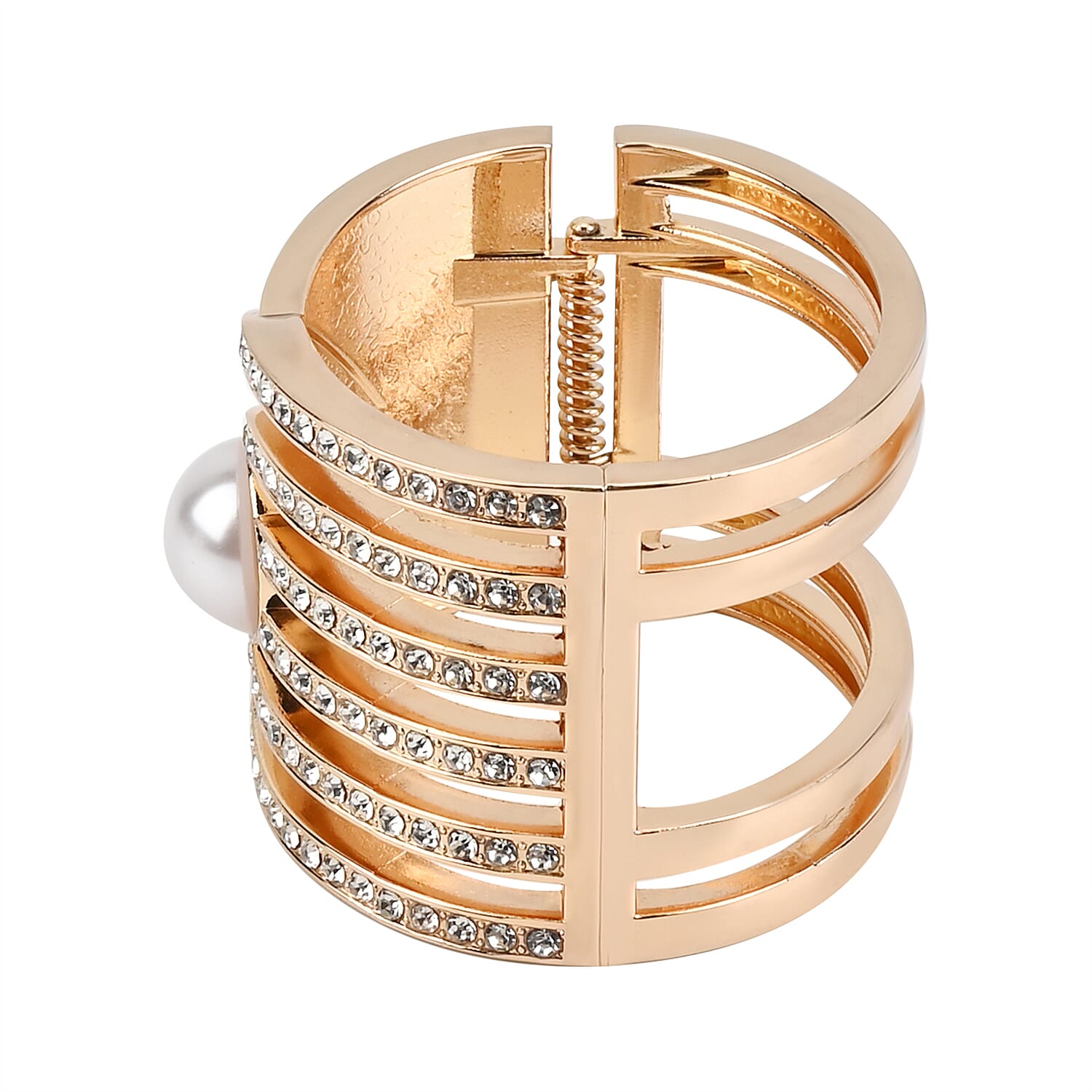 Simulated Pearl and White Austrian Crystal Bangle Bracelet in Goldtone (6.25 In)