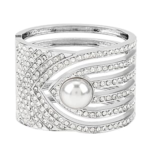Simulated Pearl, White Austrian Crystal Bangle Bracelet in Silvertone (6.25 In)