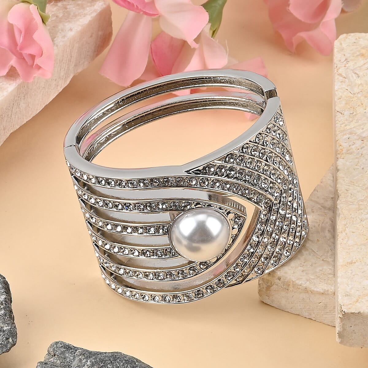 Simulated Pearl, White Austrian Crystal Bangle Bracelet in Silvertone (6.25 In) image number 1