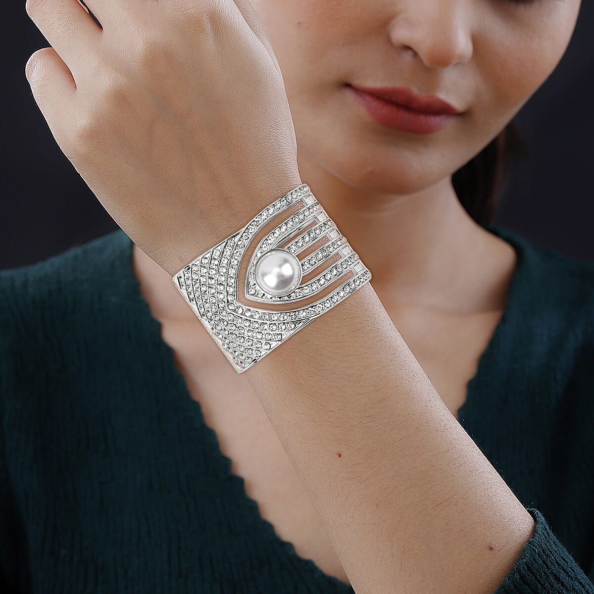 Simulated Pearl, White Austrian Crystal Bangle Bracelet in Silvertone (6.25 In) image number 2
